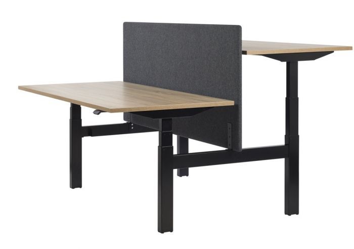 Black frame sit/stand bench desk with wood effect tops